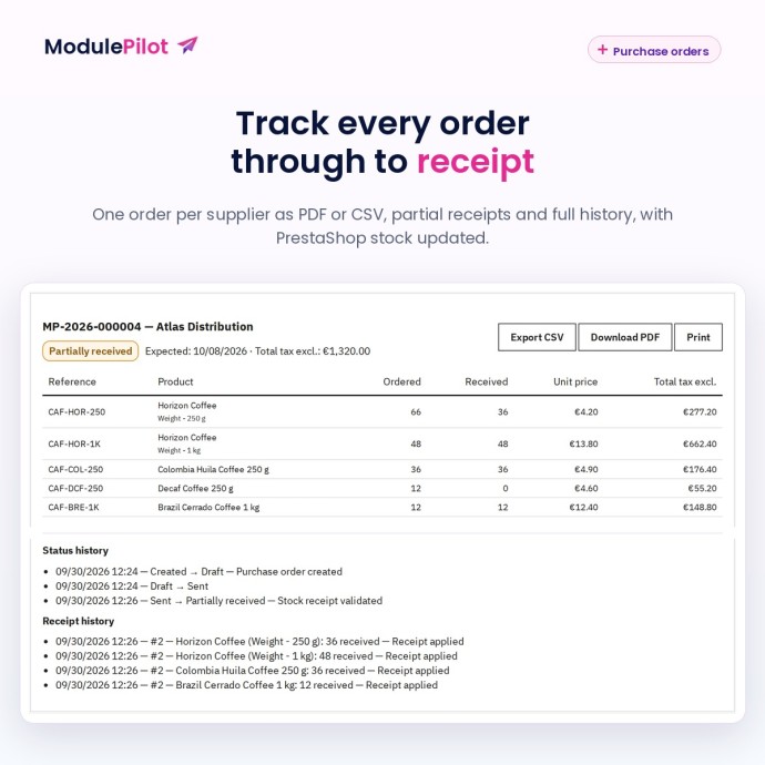 Partially received purchase order with history