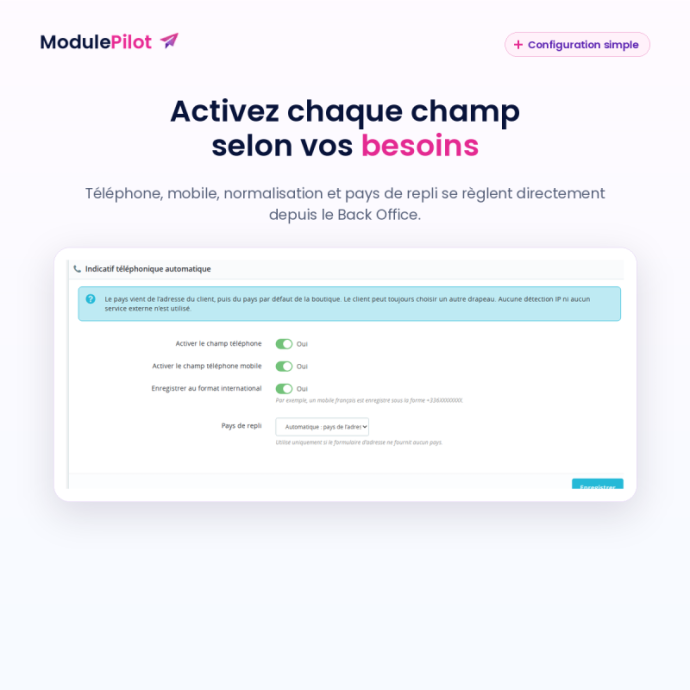 Configuration du téléphone, du mobile et du format international