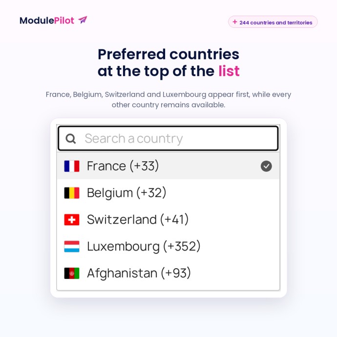244 countries and territories, preferred countries first