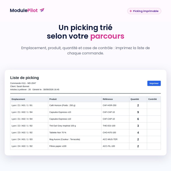 Liste de picking imprimable, triée selon le parcours