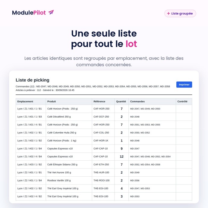 Liste de picking groupée pour plusieurs commandes