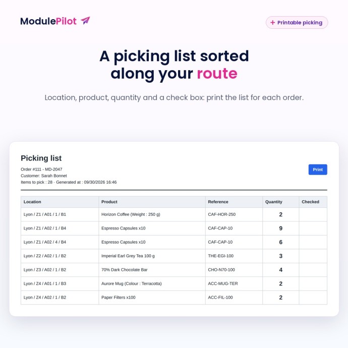 Printable picking list sorted along the route