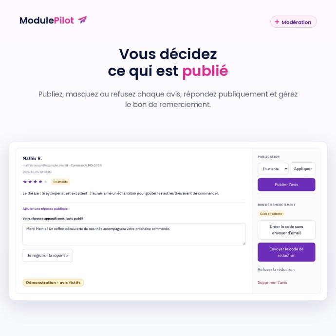 Modération : publier, répondre et gérer le bon de remerciement