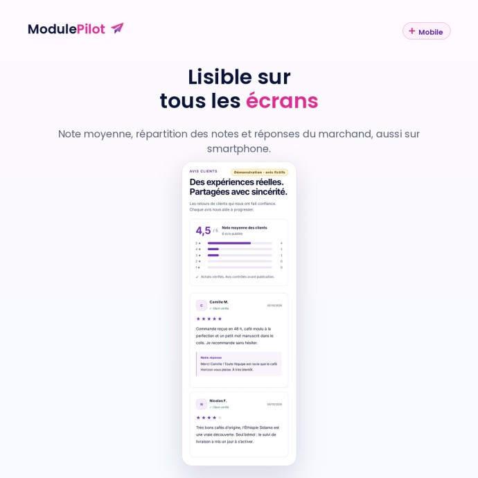 Avis clients lisibles sur mobile