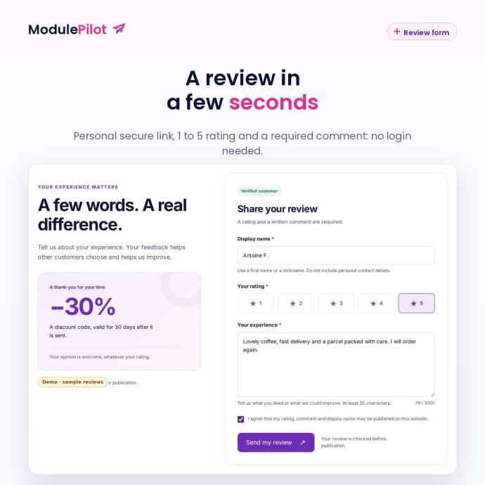 Review form: a rating and a comment in a few seconds