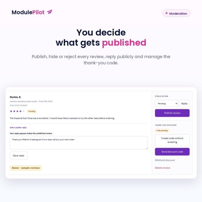 Moderation: publish, reply and manage the thank-you code