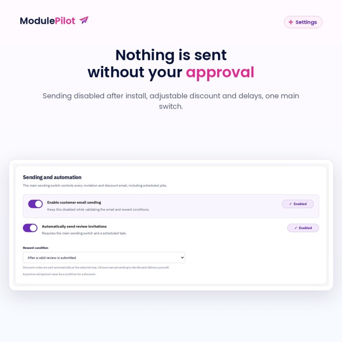 Settings: nothing is sent without your approval