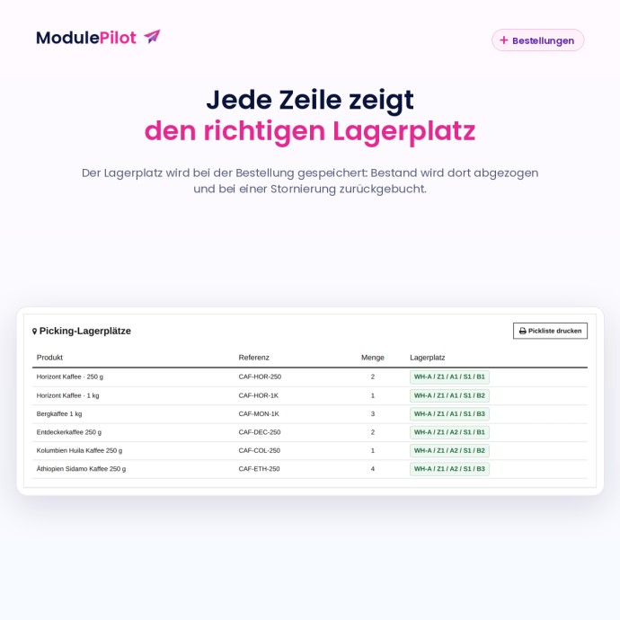 Jede Zeile zeigt den richtigen Lagerplatz