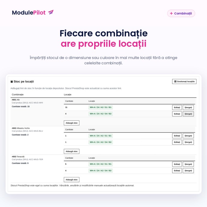 Fiecare combinație are propriile locații