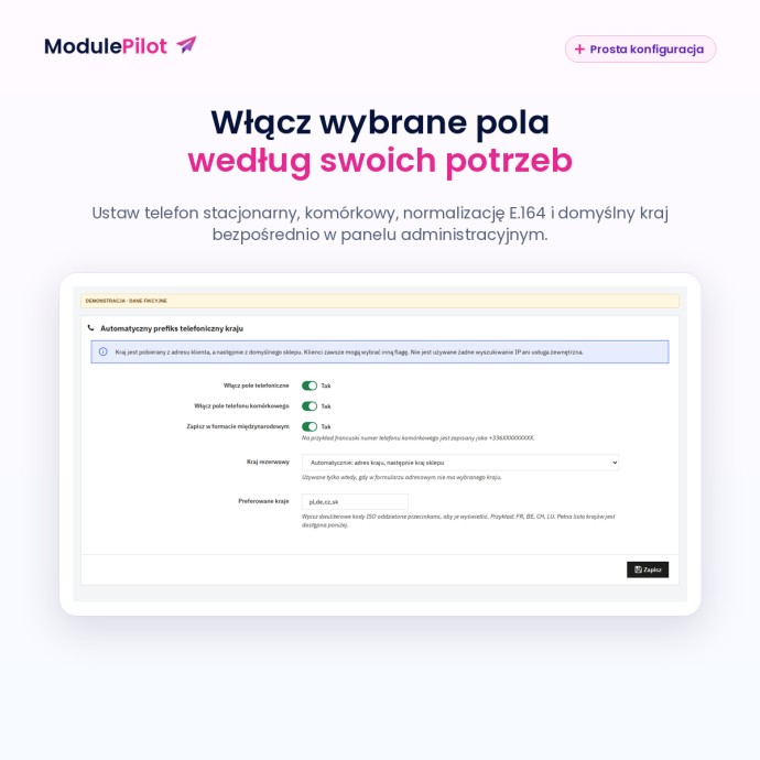 Włącz wybrane pola według swoich potrzeb
