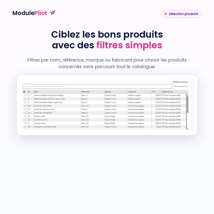Sélection des produits concernés avec filtres