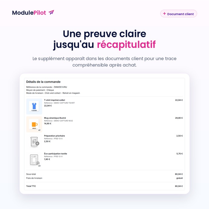 Frais visible dans le document client