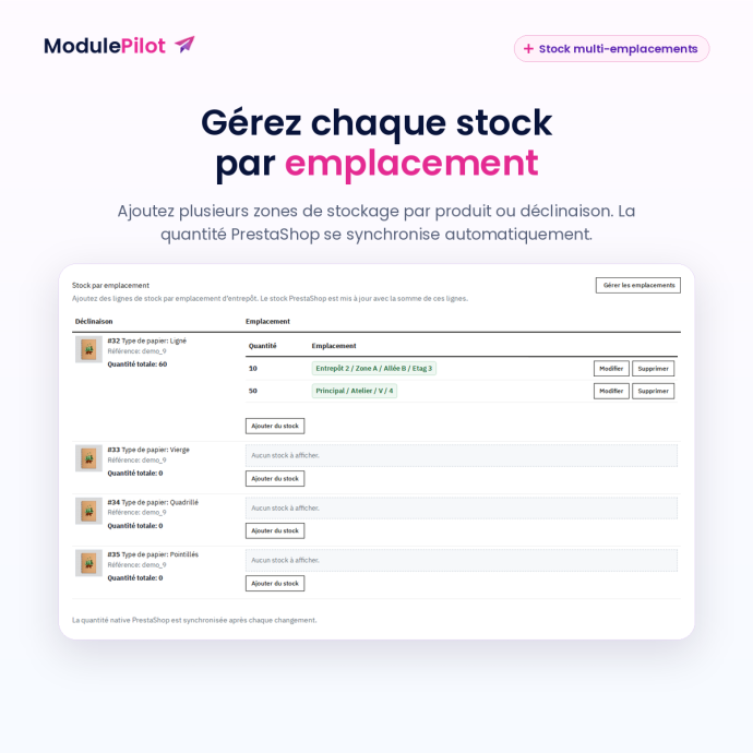 Stock multi-emplacements par produit et déclinaison