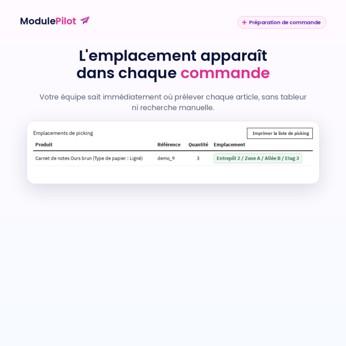 Emplacements de picking dans la commande