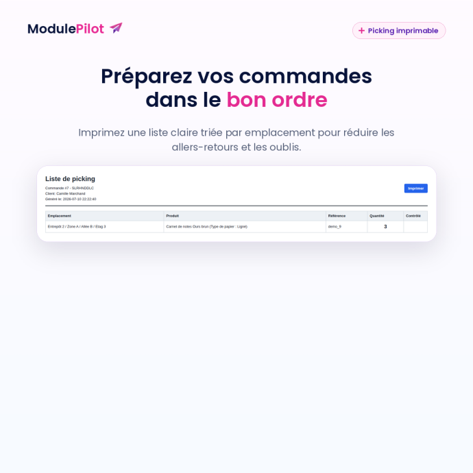 Liste de picking imprimable triée par emplacement