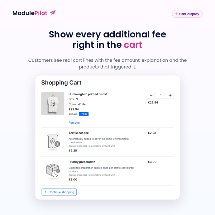 Additional product fees displayed in the cart