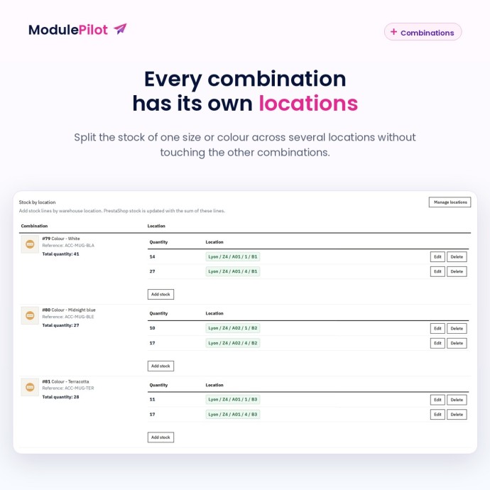 Product page: every combination has its own locations