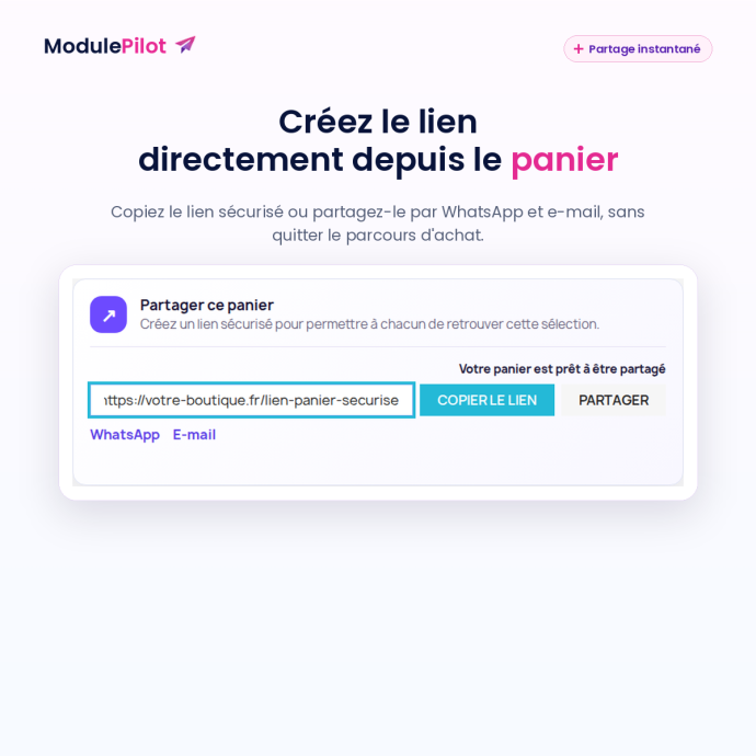 Création et partage du lien depuis le panier