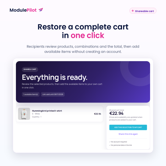 Restore a complete shared cart in one click