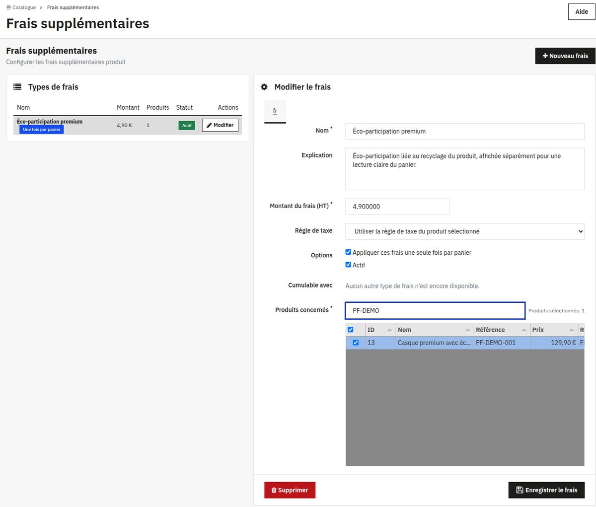 Configuration d'un frais supplémentaire dans PrestaShop : montant HT, règle de taxe, application une seule fois par panier et produits concernés