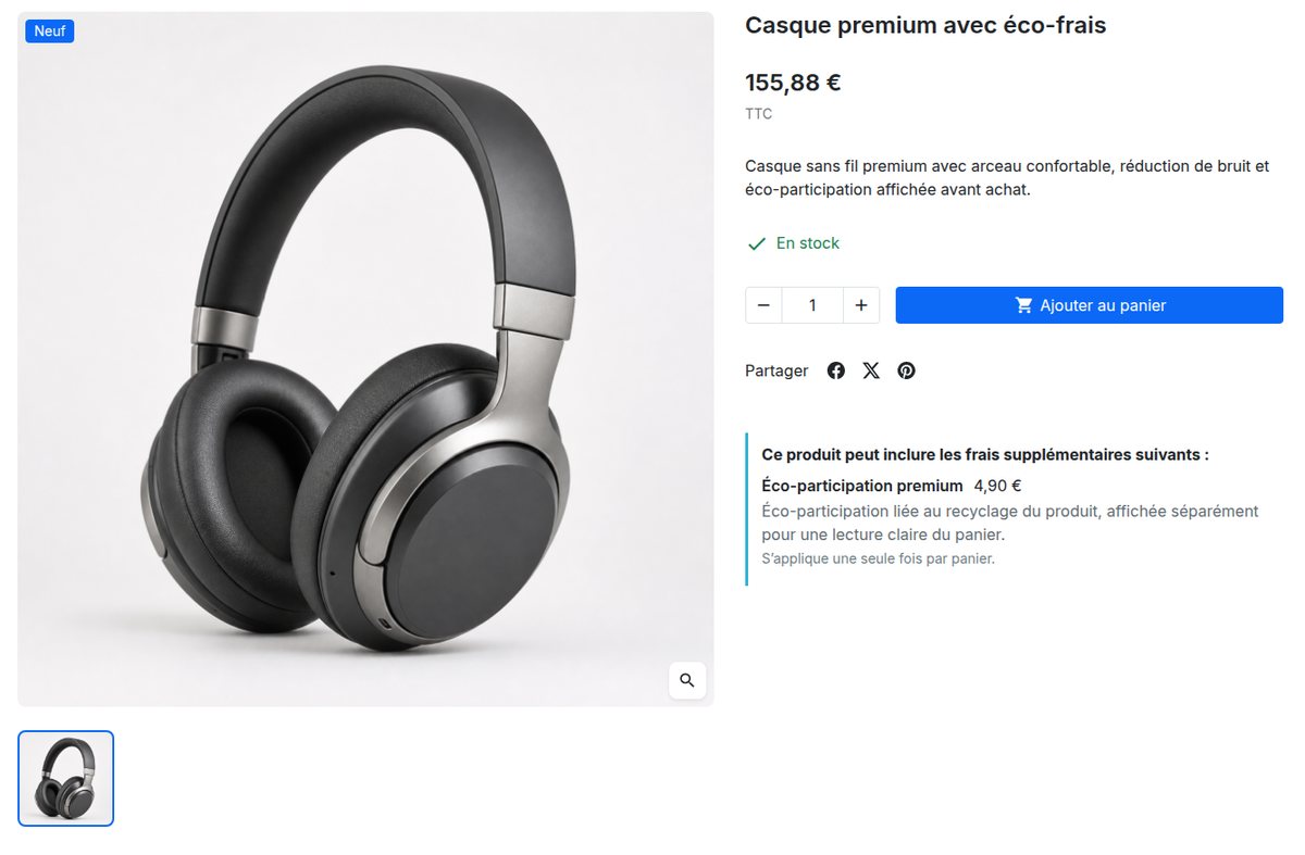 Fiche produit PrestaShop affichant un encadré qui annonce l'éco-participation et son explication avant l'ajout au panier