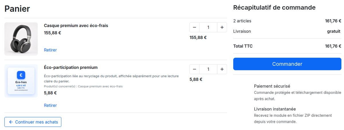 Panier PrestaShop avec une ligne d'éco-participation distincte, son explication et le produit concerné